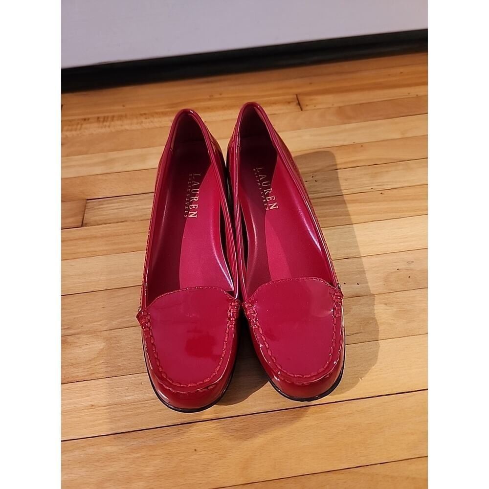 Lauren Ralph Lauren Gaia Wine Patent Leather Loafers Slip Ons Wedge RED 6 - Picture 2 of 8